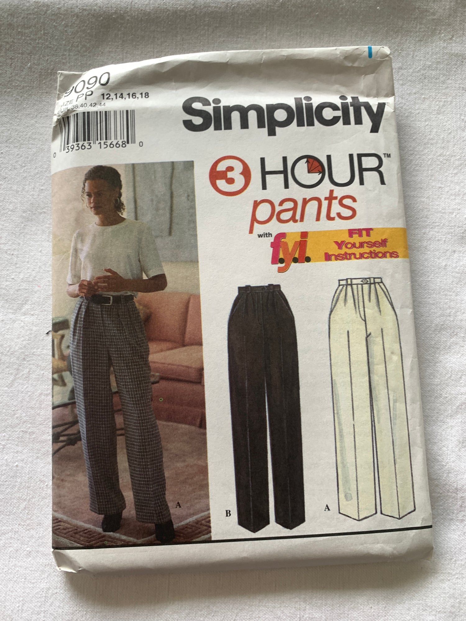 Simplicity Sewing Pattern 9090 Misses' Pants, Pockets, Zipper Front, Straight, Slim, Size 12-18, Uncut, Vintage 1994