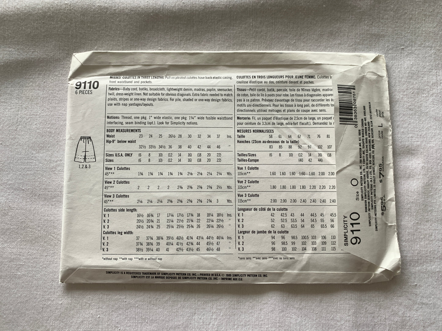 Simplicity Sewing Pattern 9110 Misses' Culottes, Three Lengths, Elastic Waist, Size 12-16, Uncut, Vintage 1989