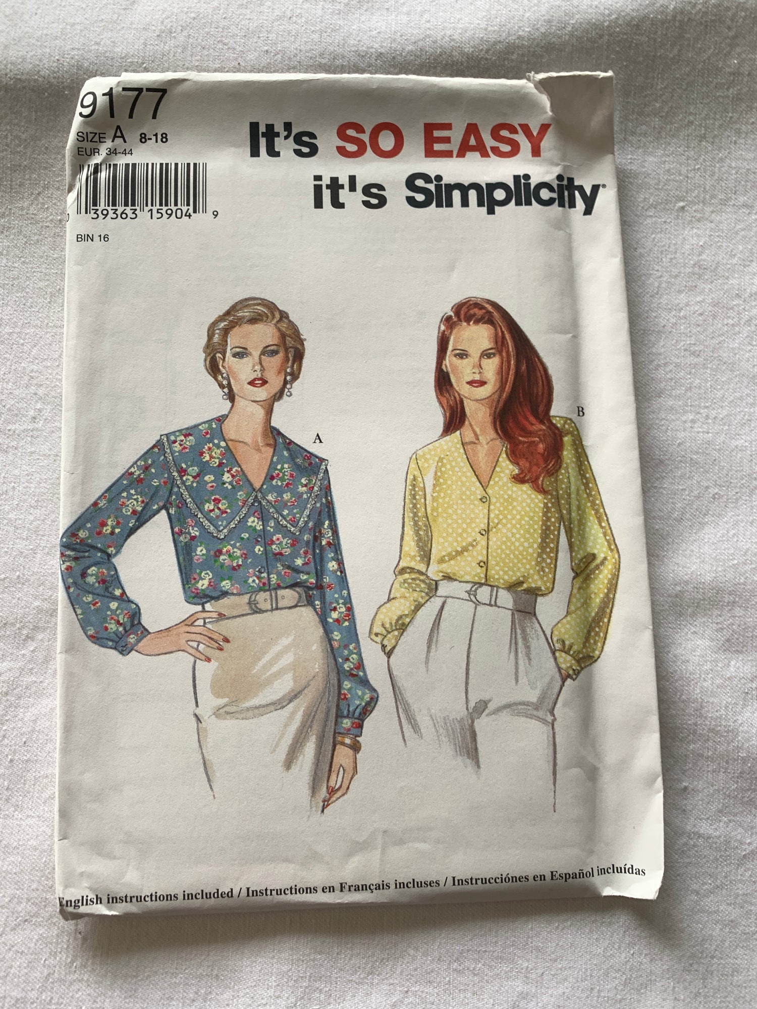Simplicity Sewing Pattern 9177 Misses' Blouse, Button Front, Long Sleeves, Collar, Size 8-18, Uncut, Vintage 1994