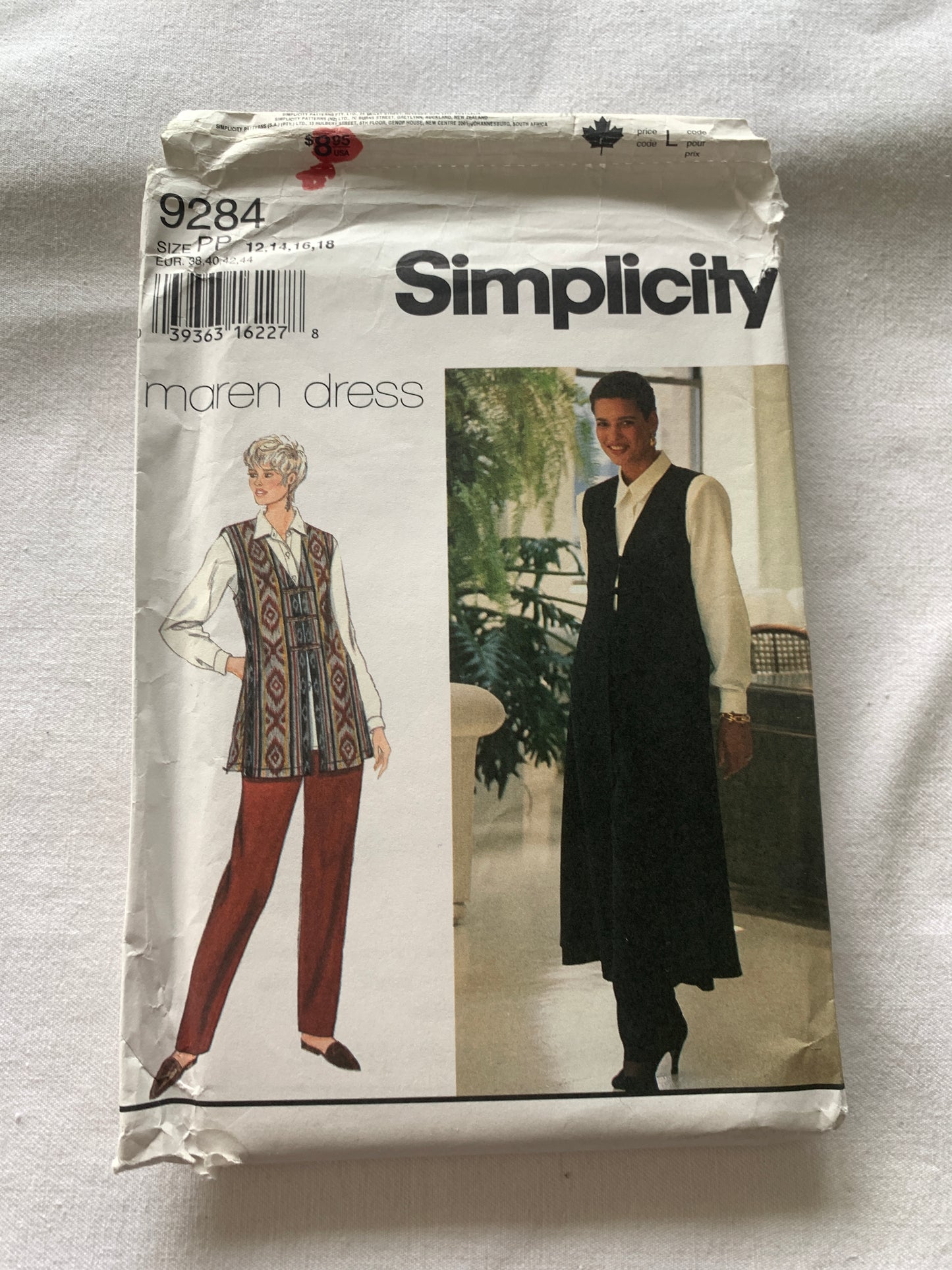 Simplicity Sewing Pattern Maren 9284 Misses' Dress, Shirt, Long Sleeves, Pants, Elastic Waist, Button Front, Size 12-18, Uncut, Vintage 1994