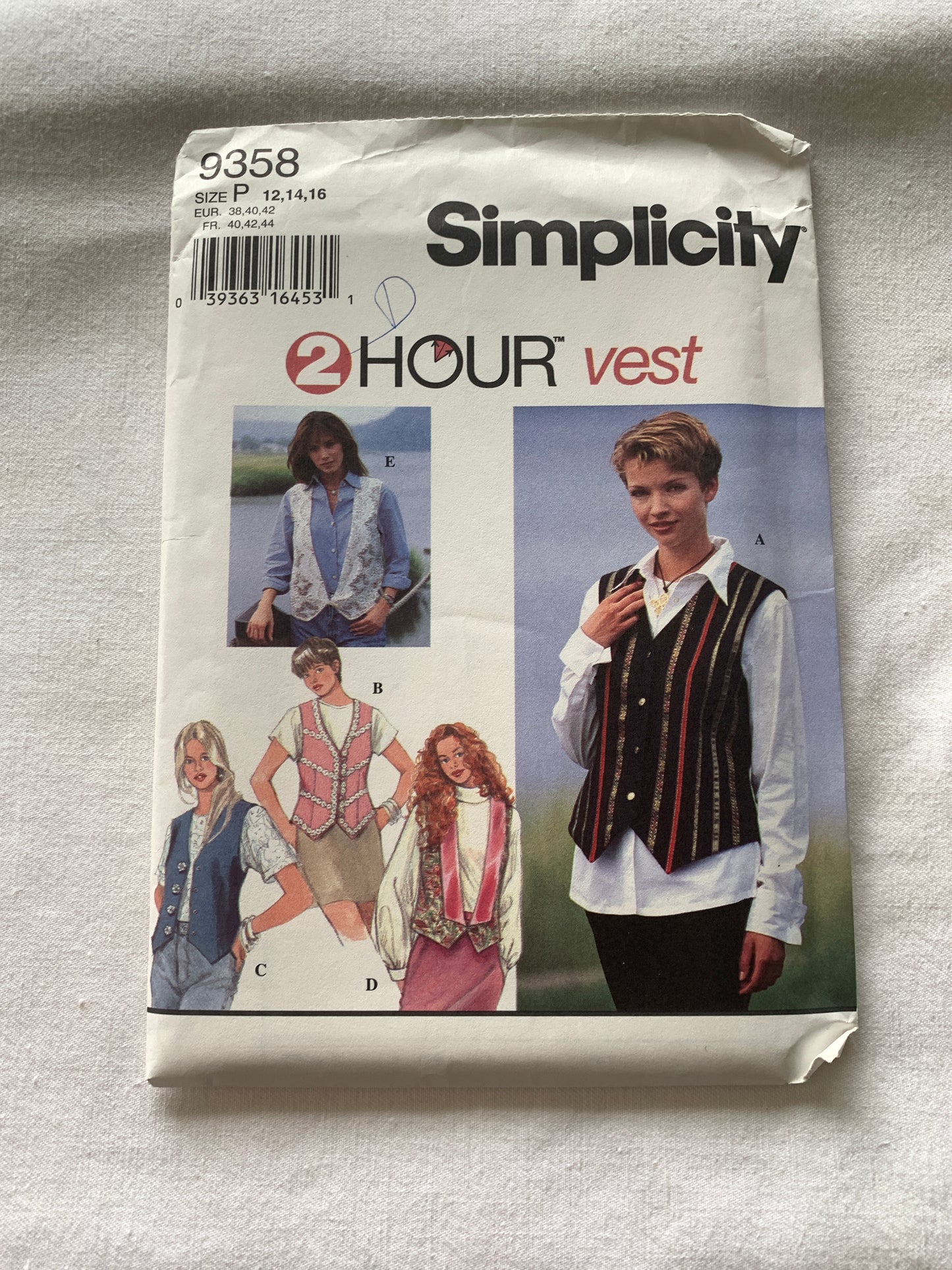 Simplicity Sewing Pattern 9358 Misses' Lined Vests, Sleeveless, Button Front, 5 Variations, Size 12-16, Uncut, Vintage 1995