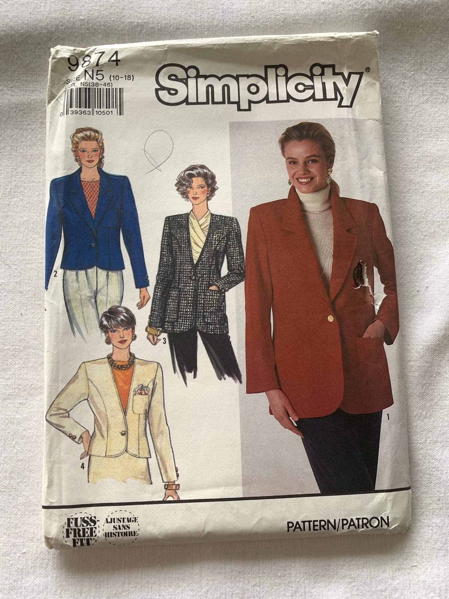 Simplicity Sewing Pattern 9874 Misses' Lined Jacket, Semi-Fitted, Button Front, Pockets, Two Lengths, Size 10-18, Uncut, Vintage 1990