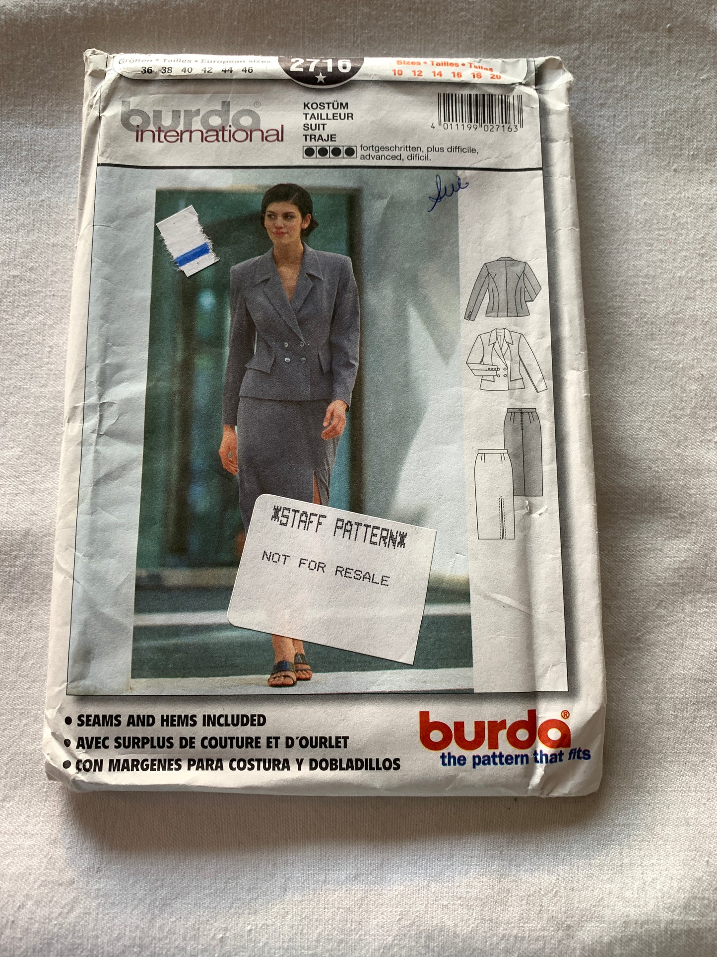 Burda Sewing Pattern 2716 Misses' Skirt, Jacket, Long Sleeves, Close-Fitting, Zipper Back, Size 10-20, Uncut, Vintage 2000