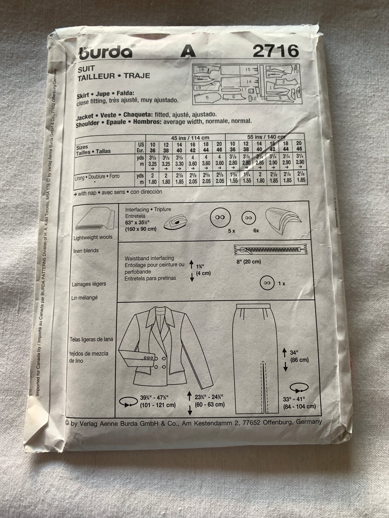 Burda Sewing Pattern 2716 Misses' Skirt, Jacket, Long Sleeves, Close-Fitting, Zipper Back, Size 10-20, Uncut, Vintage 2000