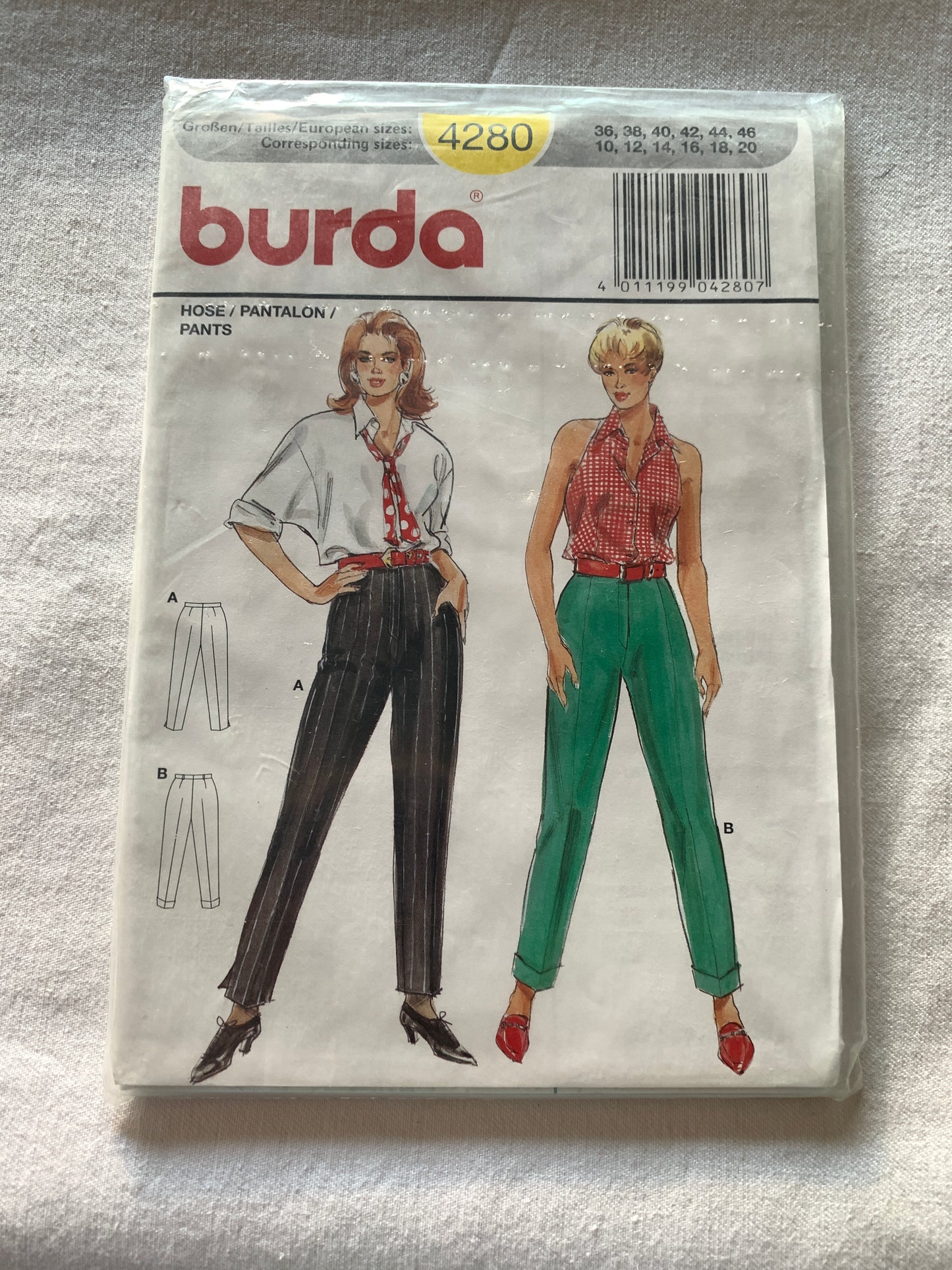 Burda Sewing Pattern 4280 Misses' Pants, Zipper Front, Belt Loops, Straight Leg, Size 10-20, Uncut, 2000