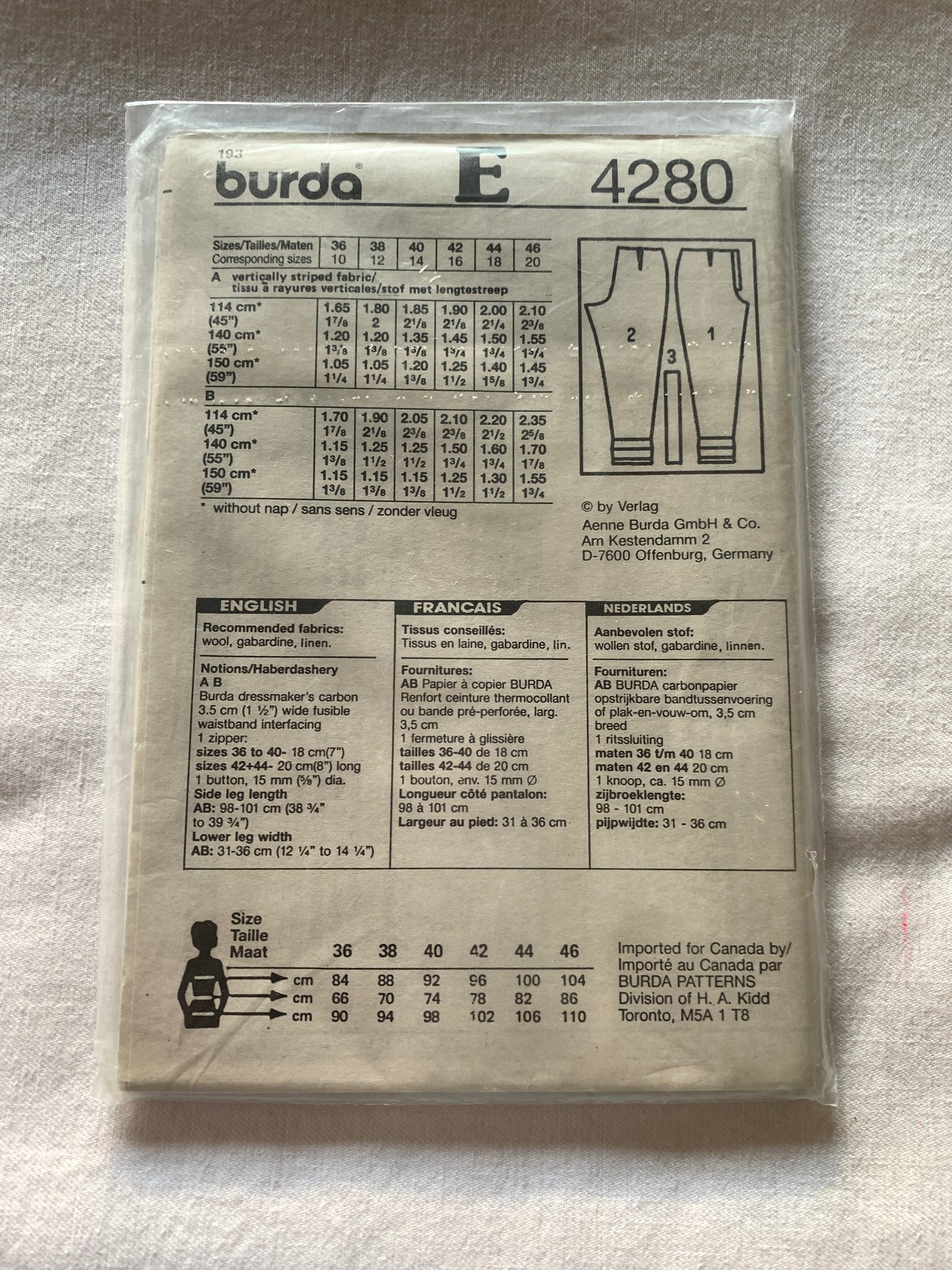 Burda Sewing Pattern 4280 Misses' Pants, Zipper Front, Belt Loops, Straight Leg, Size 10-20, Uncut, 2000