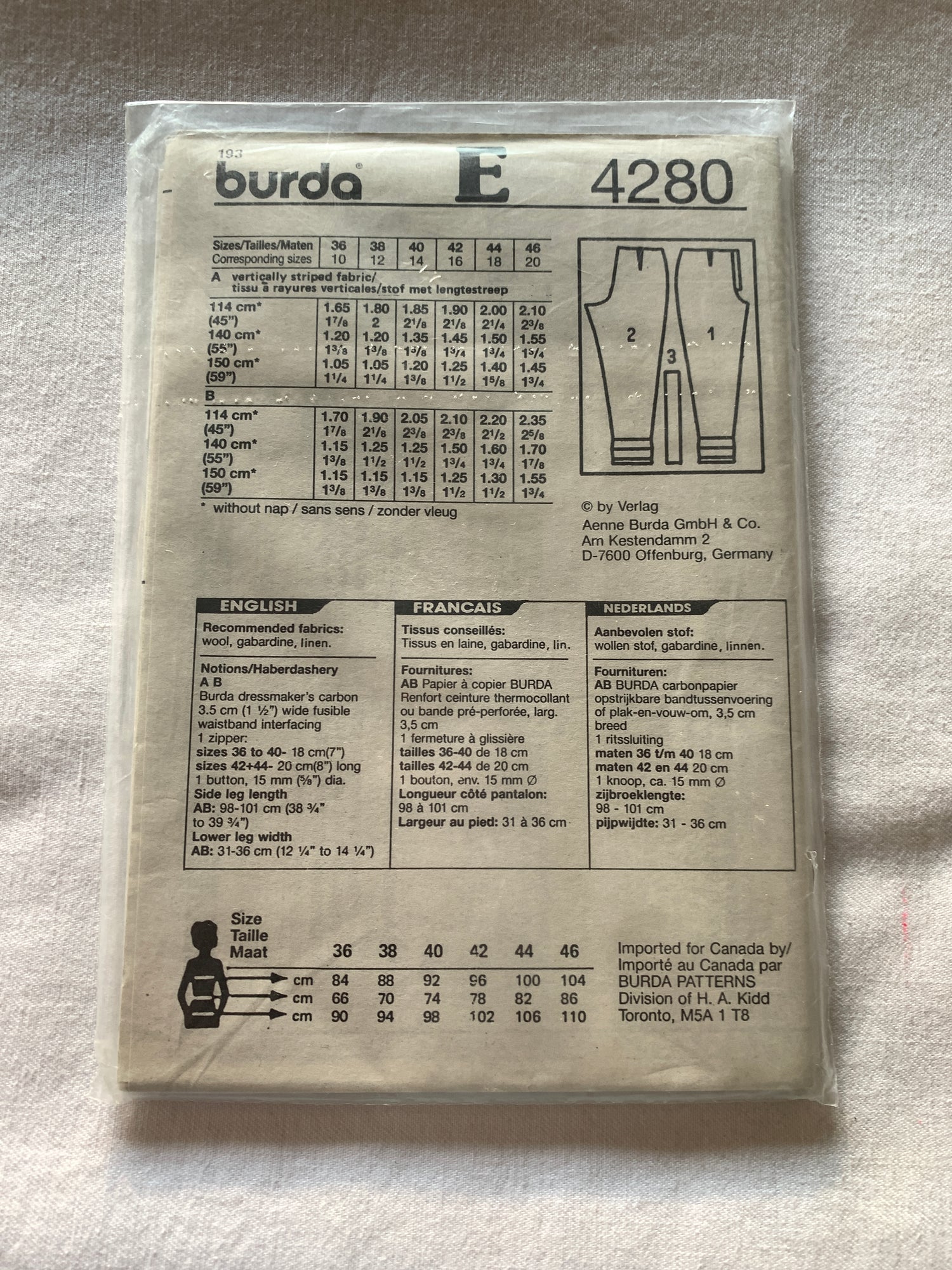 Burda Sewing Pattern 4280 Misses' Pants, Zipper Front, Belt Loops, Straight Leg, Size 10-20, Uncut, 2000