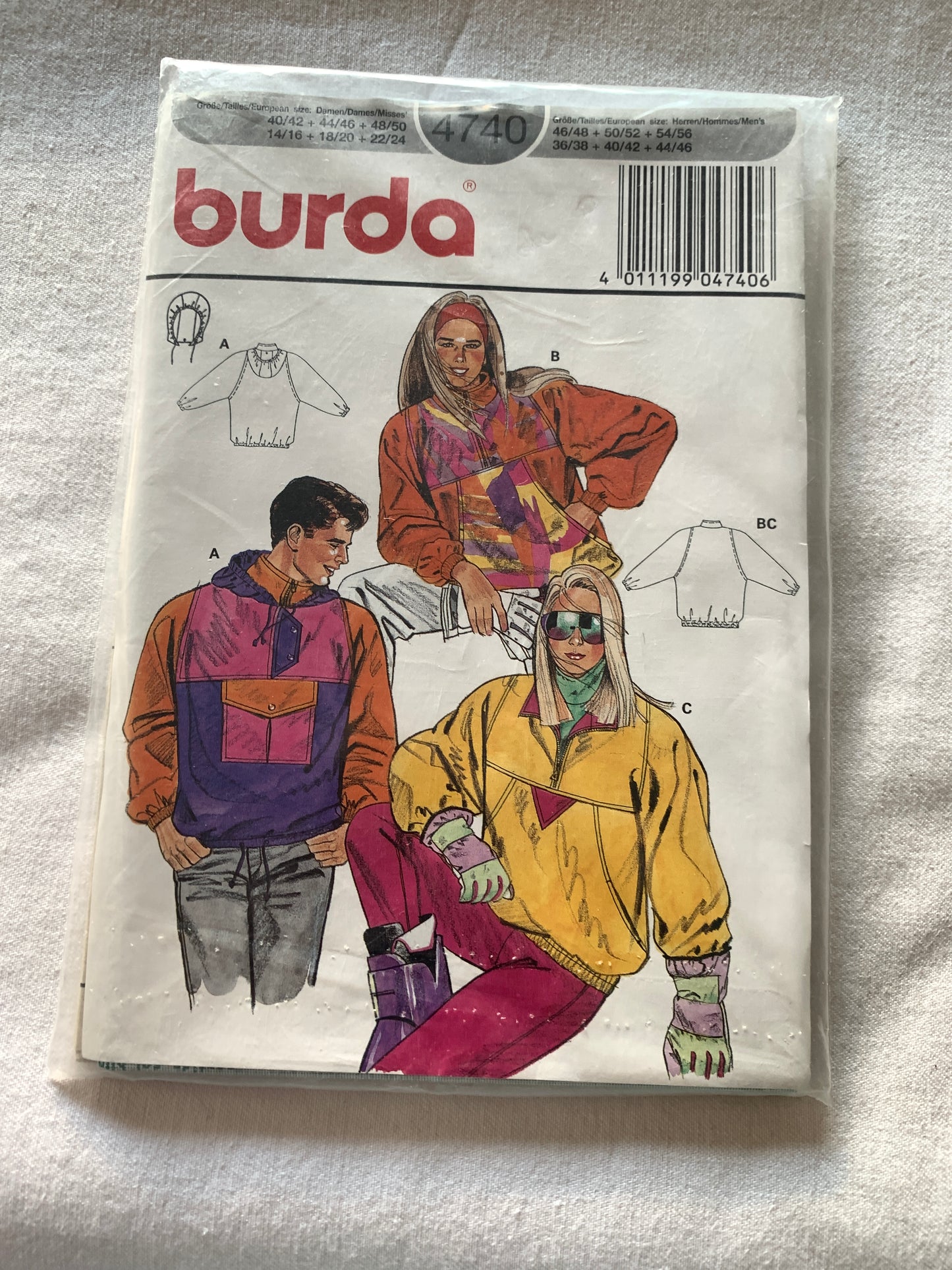 Burda Sewing Pattern 4740 Mens'/Misses'  Jacket, Hoodie, Fitted, Hood, Pocket, 3 Variations, Long Sleeves, All Sizes, Uncut, Vintage 1990