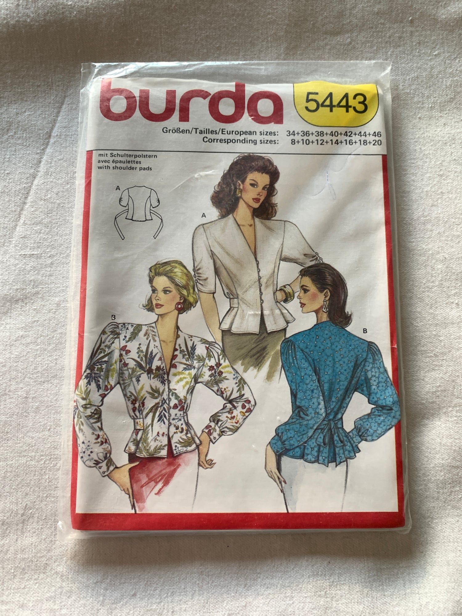 Burda Sewing Pattern 5443 Misses' Blouse, Top, Button Front, Collar, 3 Variations, Loose Fitting, Long/Short Sleeves, Size 8-20, Uncut, 2000