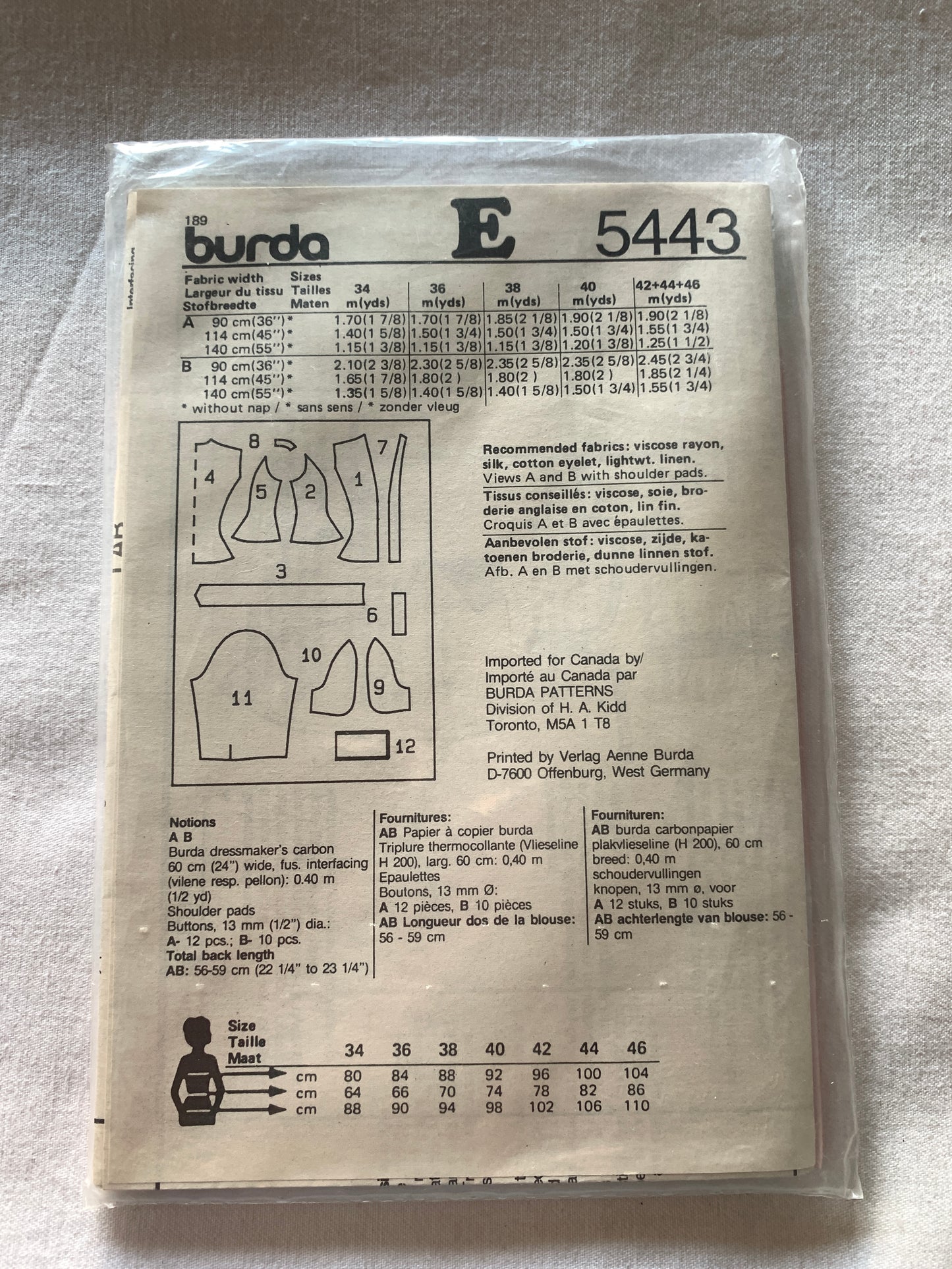 Burda Sewing Pattern 5443 Misses' Blouse, Top, Button Front, Collar, 3 Variations, Loose Fitting, Long/Short Sleeves, Size 8-20, Uncut, 2000