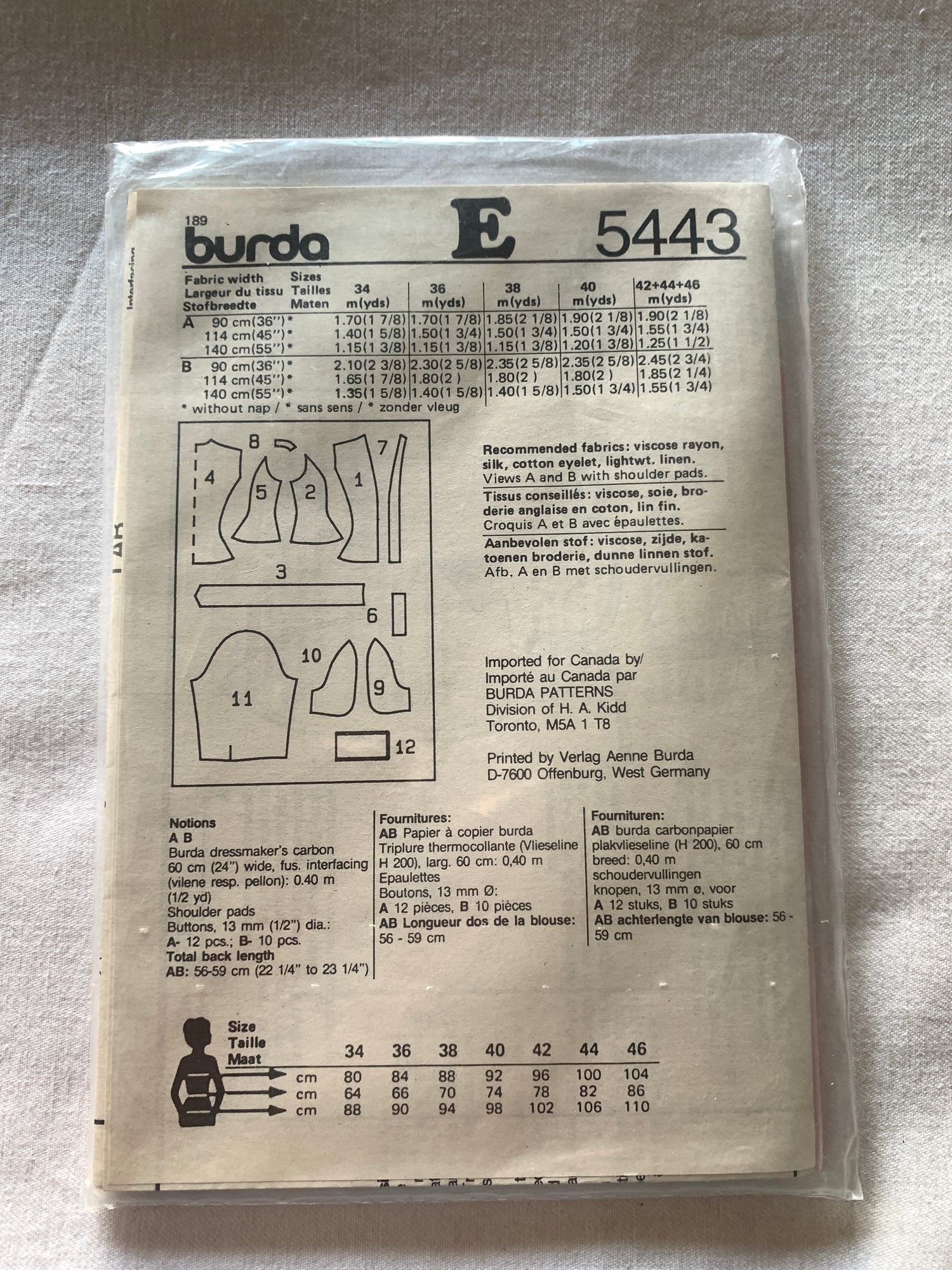 Burda Sewing Pattern 5443 Misses' Blouse, Top, Button Front, Collar, 3 Variations, Loose Fitting, Long/Short Sleeves, Size 8-20, Uncut, 2000