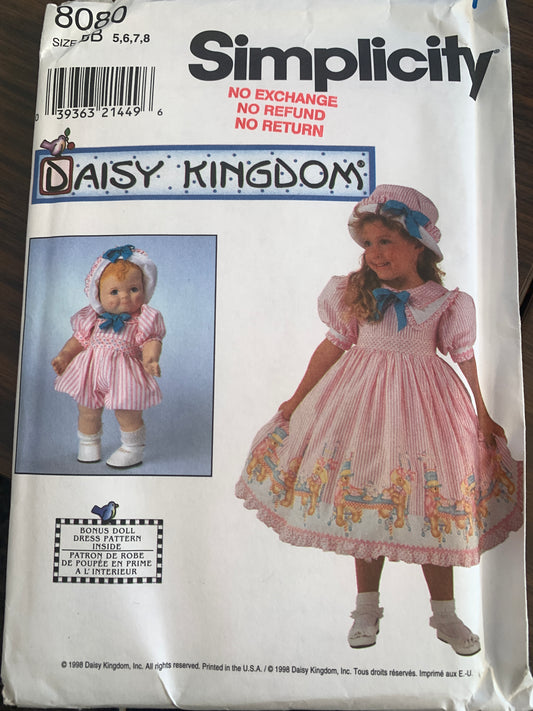 Simplicity Sewing Pattern Daisy Kingdom 8080 Girls' Dress, Short Sleeves, Zipper Back, Tie Ends, Collar, Size 5-8, Doll Dress, Uncut, Vintage 1998