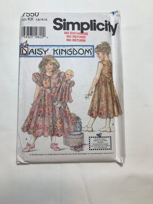 Simplicity Daisy Kingdom Sewing Pattern 7550 Girls' Dress, Short Sleeves, Zipper Back, Tie Ends, Collar, Size 7-12, Uncut, Vintage 1997