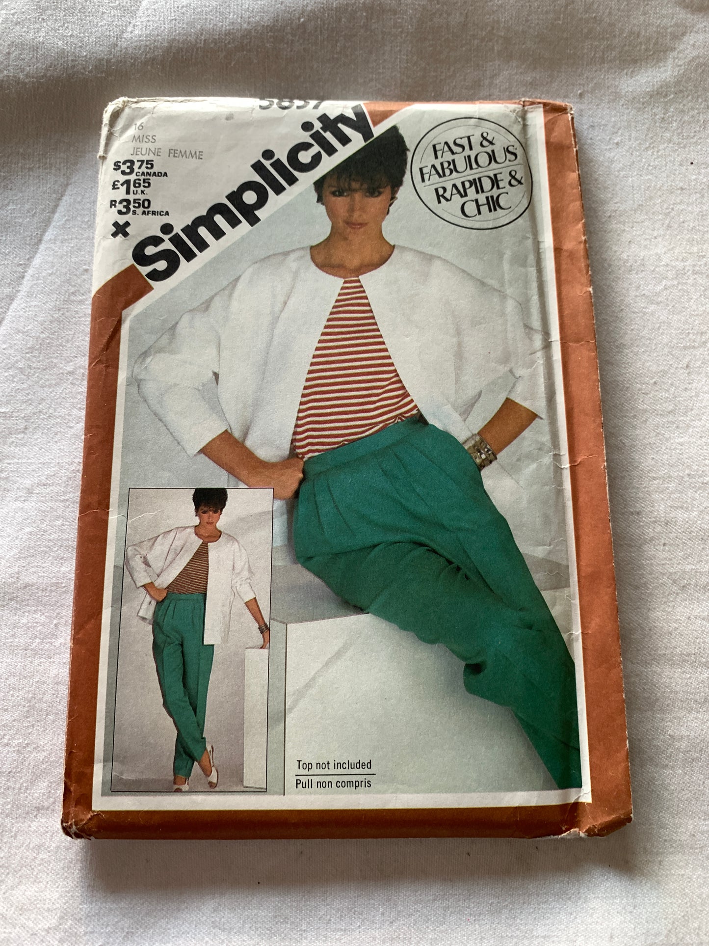 Simplicity Sewing Pattern 5837 Misses' Pants, Unlined Jacket. Long Sleeves, Loose-Fitting, Pockets, Size 16, Uncut, Vintage 1982