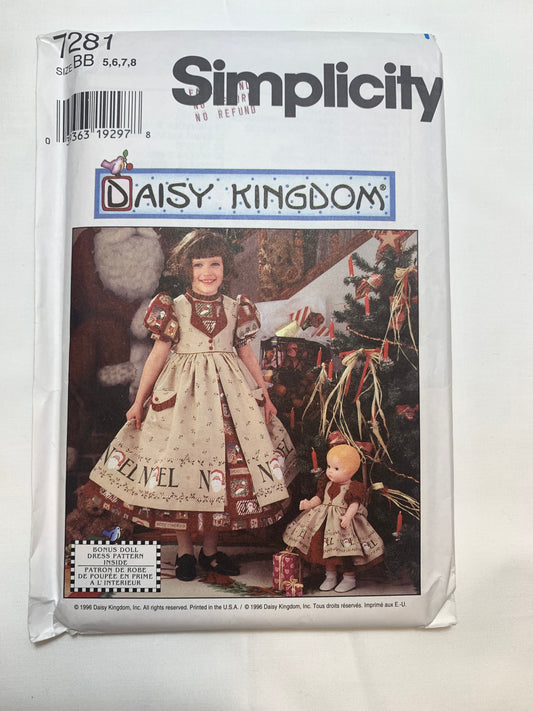 Simplicity Daisy Kingdom Sewing Pattern 7281  Girls' Dress, Pinafore, Doll Dress 17", Short Sleeves, Zipper Back, Tie Back, Uncut, Size 5-8, Vintage 1996