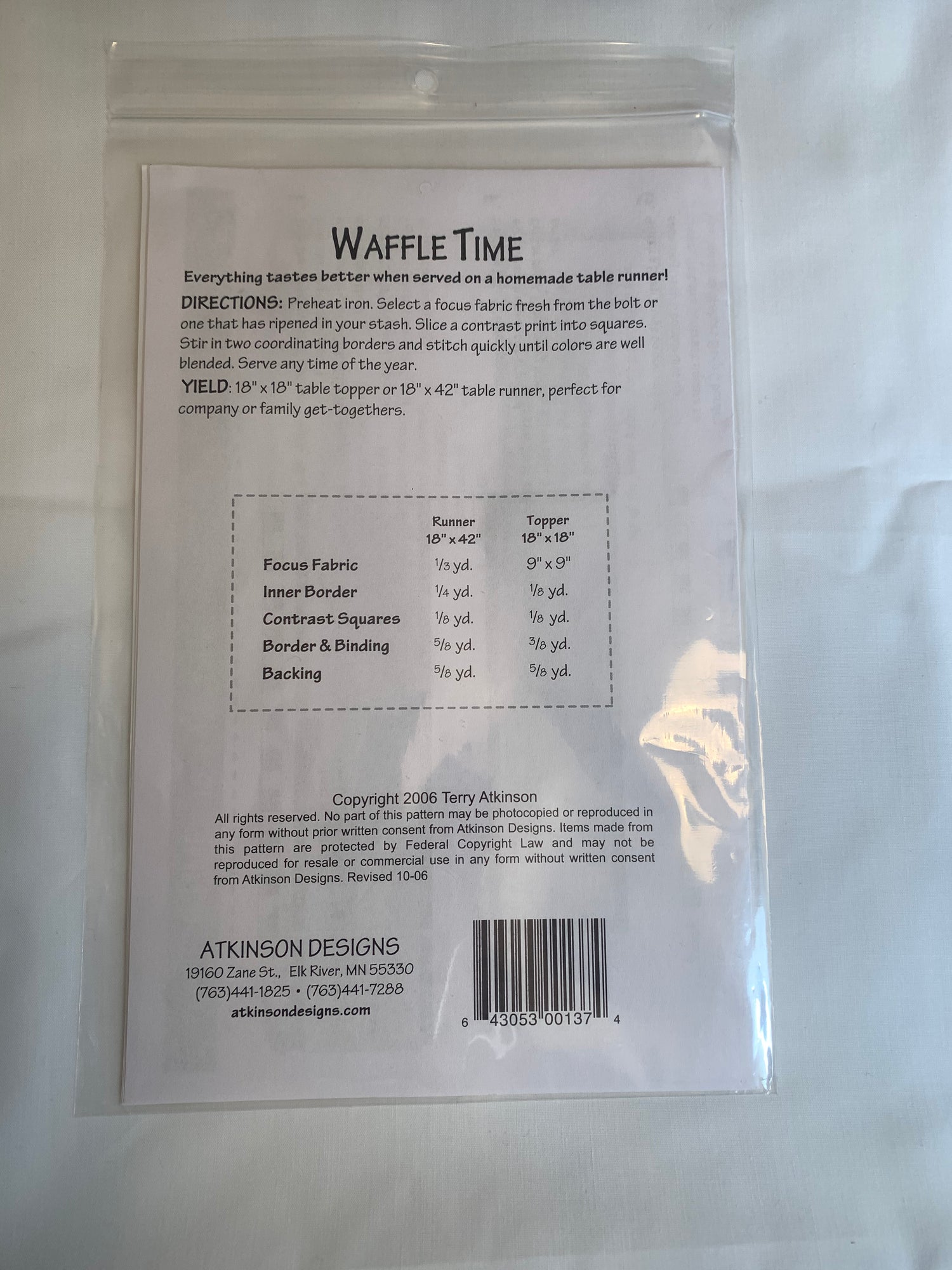 Atkinson Designs Table Runner/Topper Pattern 18" x 18", Waffle Time, 2006,