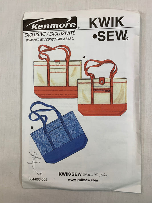 Kwik Kenmore Exclusive Sewing Pattern Crafts, Tote Bag, 3 Variations, Zipper Pocket, Shoulder Straps, Uncut, 2003