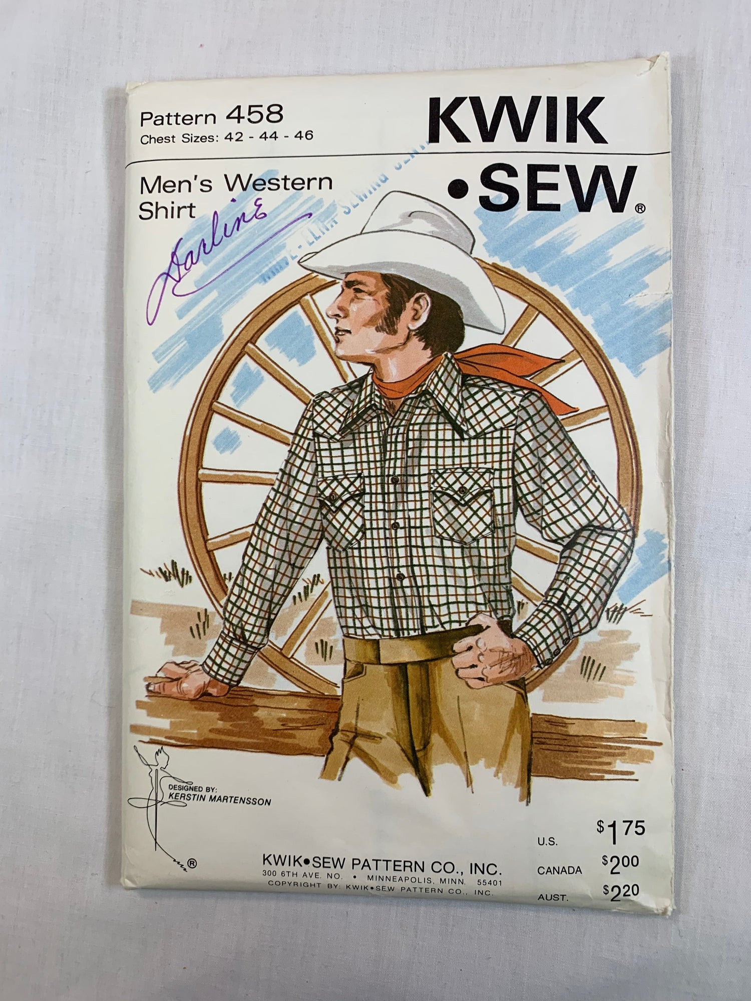KWIK Sewing Pattern 458 Men's Western Shirt, Long Sleeves, Collar, Pockets, Snap/Button Front, Cuffs, Size 42-46, Uncut, Vintage 1980