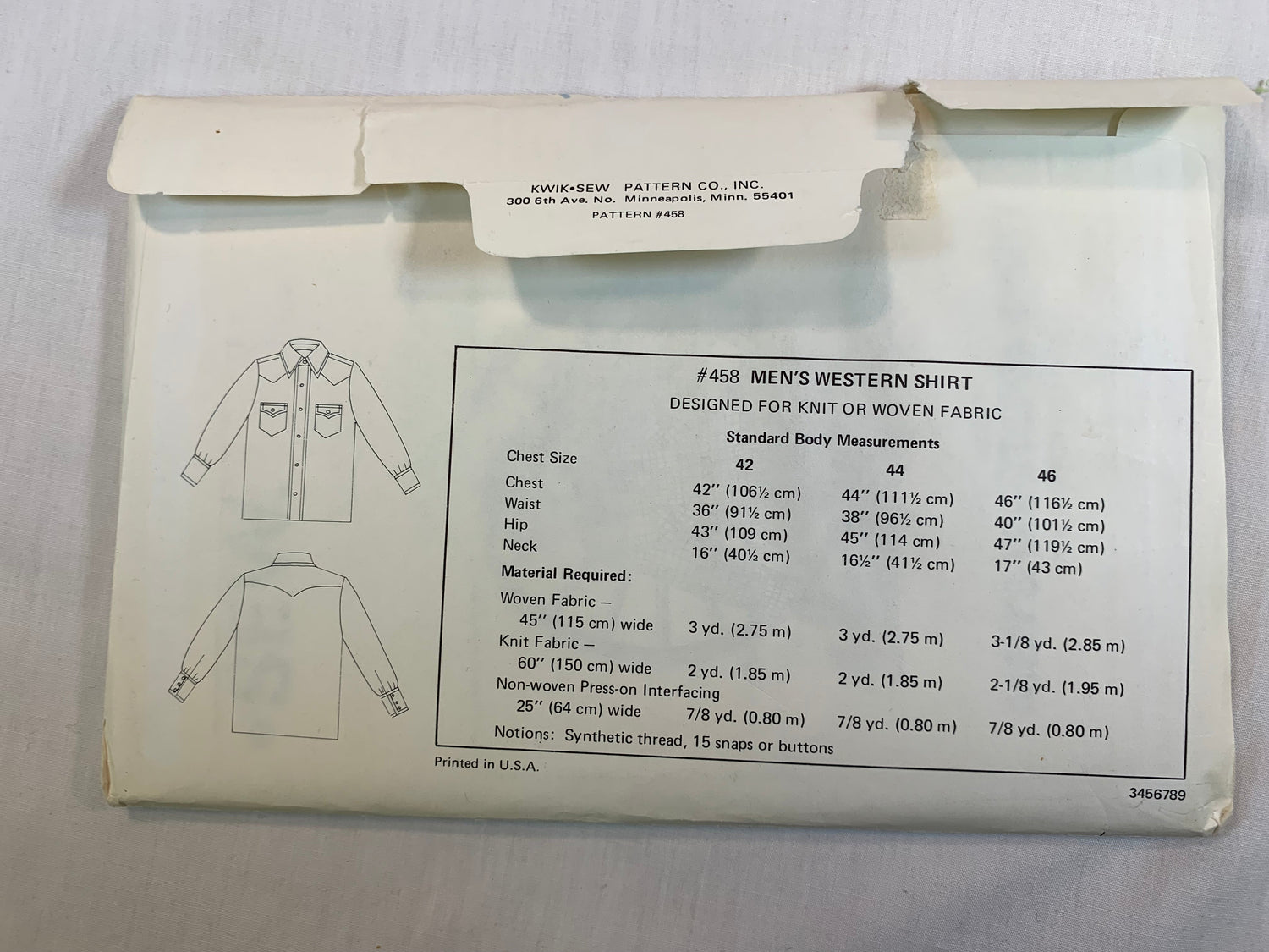 KWIK Sewing Pattern 458 Men's Western Shirt, Long Sleeves, Collar, Pockets, Snap/Button Front, Cuffs, Size 42-46, Uncut, Vintage 1980