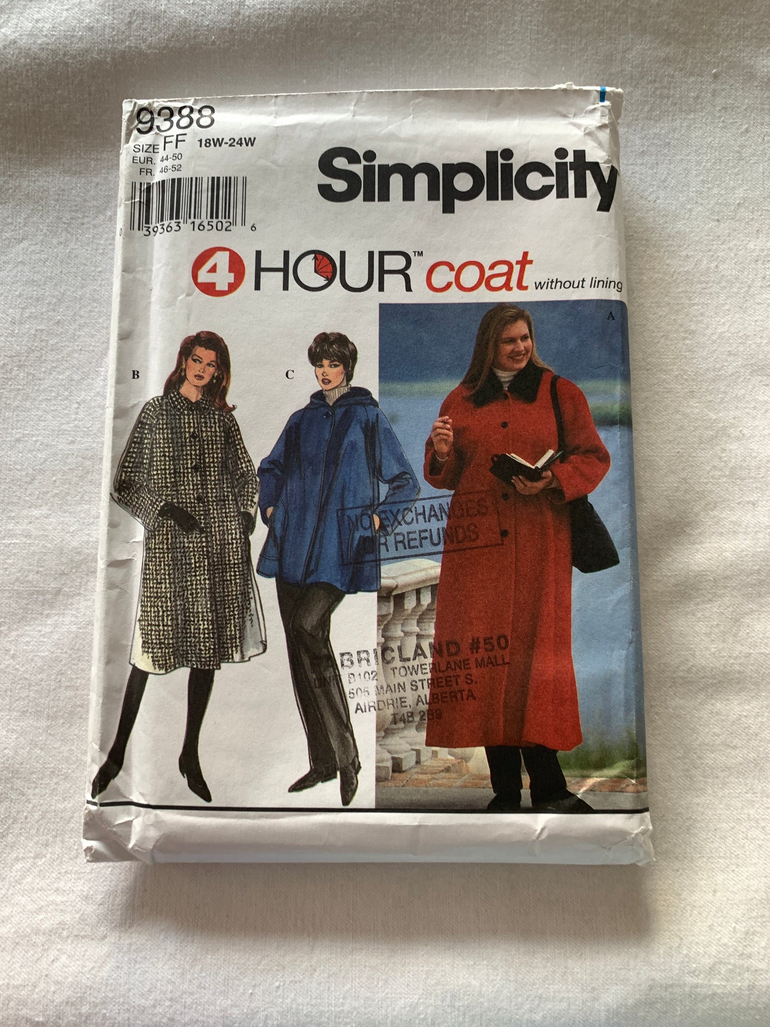 Simplicity Sewing Pattern 9388 Jacket, Three Lengths, Coat, Button Front, Long Sleeves, Hood, Pockets, Size 18W-24W, Uncut, Vintage 1995 (Copy)