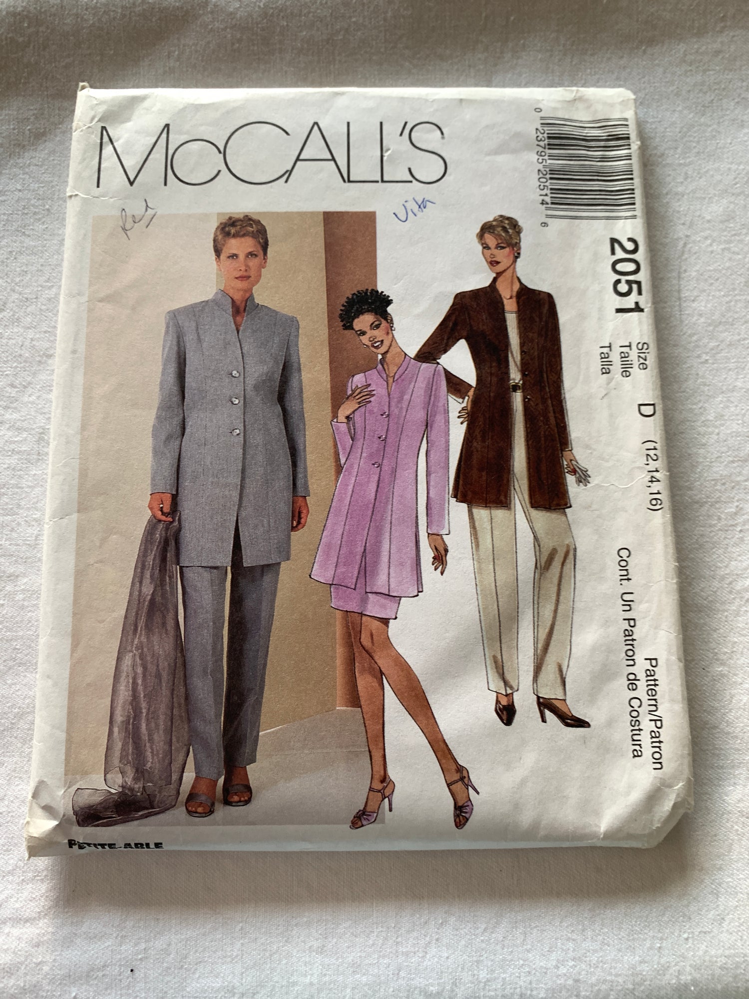 McCall's Sewing Pattern 2051 Misses' Lined Jacket, Pants, Skirt, Princess Seams, Button Front, Zipper Back, Size 12-16, Uncut, Vintage 1999