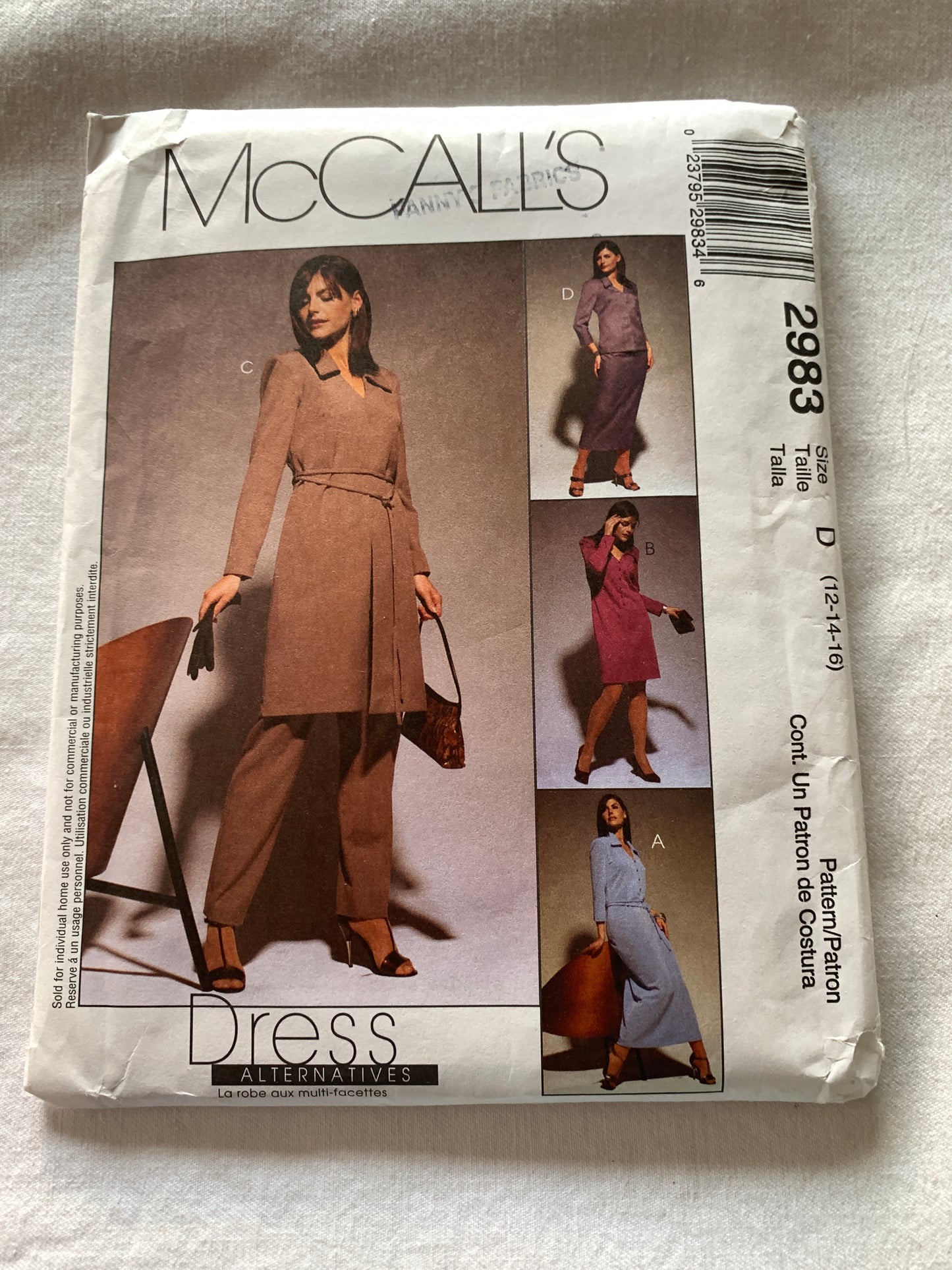 McCall's Sewing Pattern 2983 Misses'/Miss Petite Dress, Two Lengths, Top, Skirt, Pants, Size 12-16, Uncut, 2000