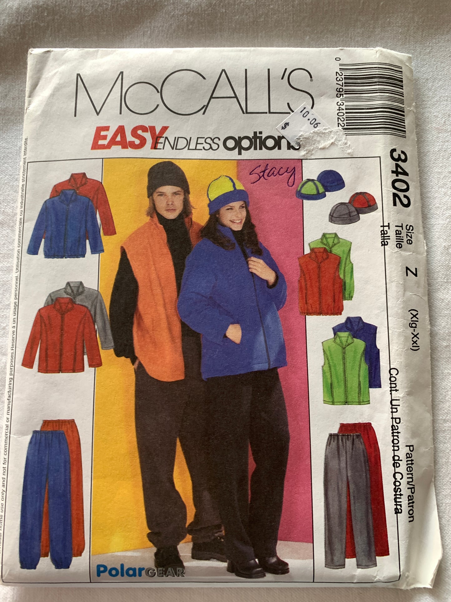 McCall's Sewing Pattern 3402 Misses'/Men's/Teens Jacket, Vest, Pull-On Pants, Reversible Hat, Elastic Waist, Drawstring, Size 42-48, Uncut, Vintage 2001