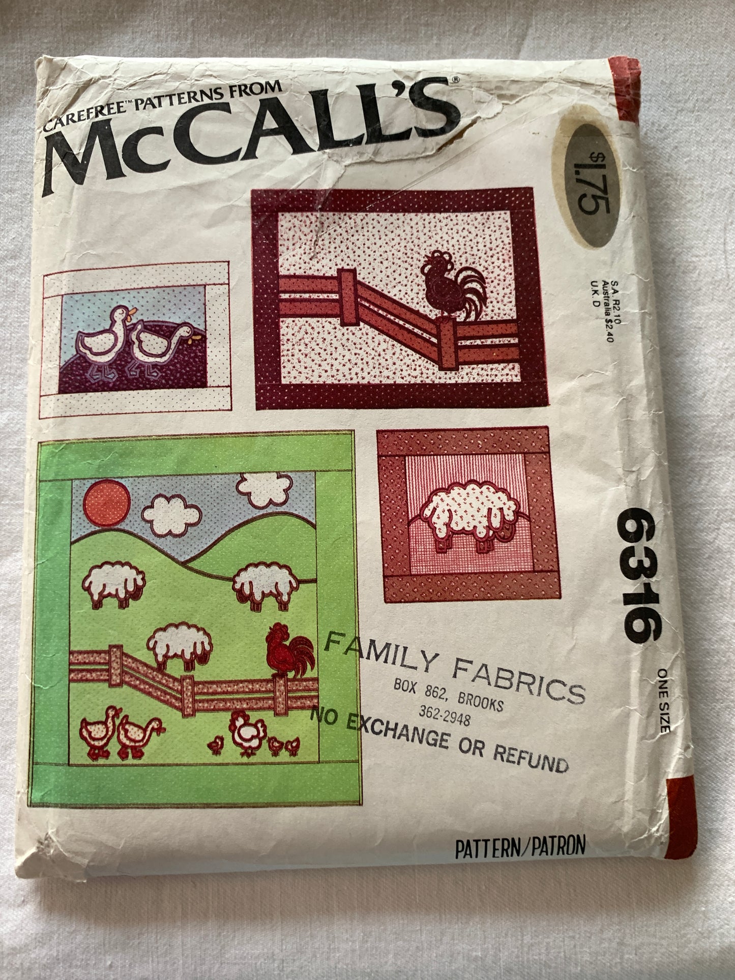 McCall's Sewing Pattern 6316 Crafts, Quilt, Rooster, Duck, Sheep, Pillows, Wall-Hanging, Uncut, Vintage 1978