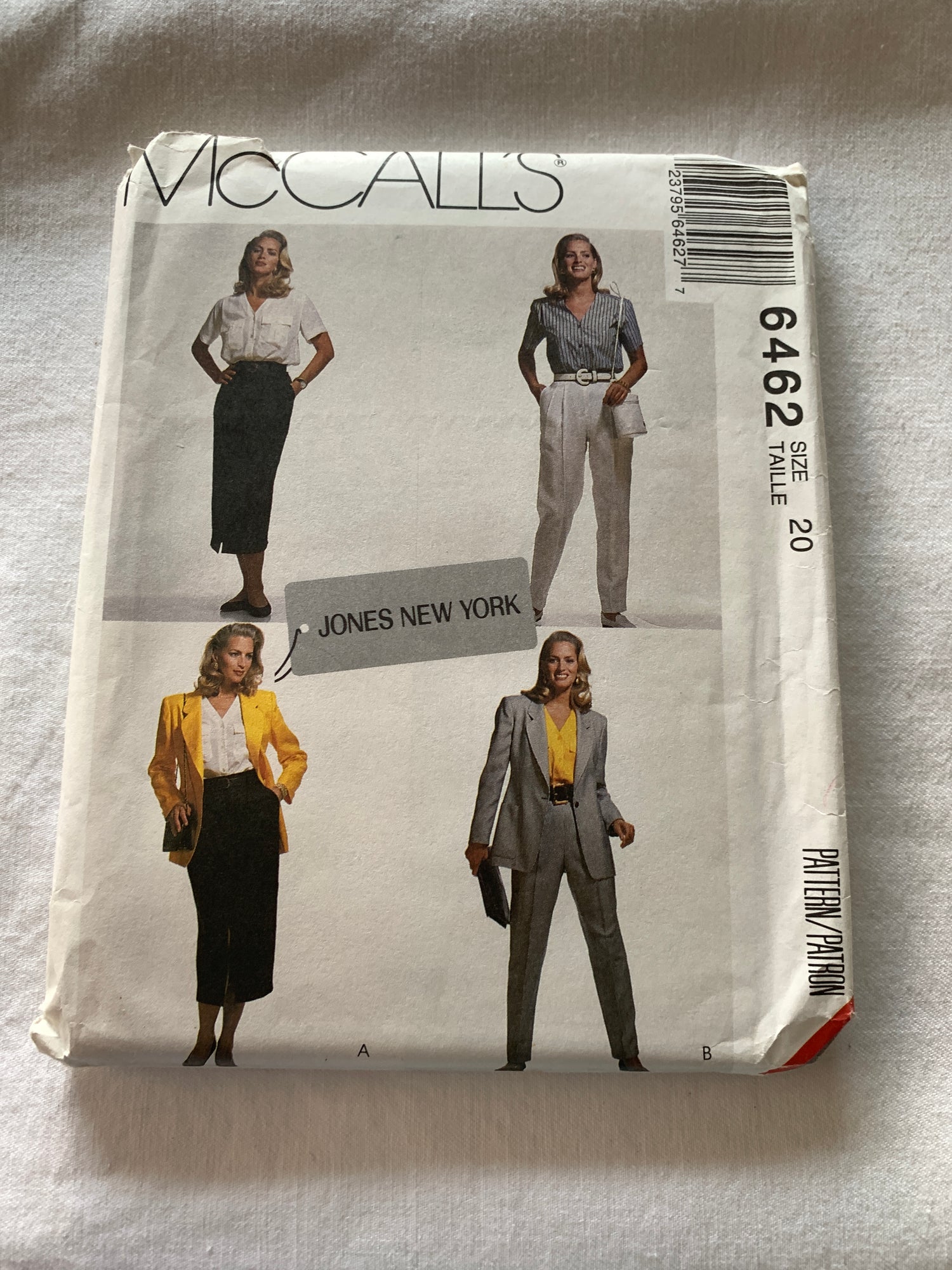 McCall's Sewing Pattern 6462 Misses' Lined Jacket, Top, Skirt, Pants, Shoulder Pads, Front Zipper, Pockets, Size 20, Uncut, Vintage 1993