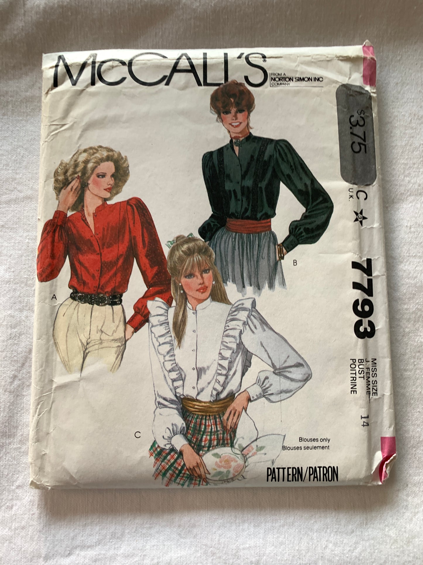 McCall's Sewing Pattern 7793 Misses' Blouse, Long Sleeves, 3 Variations, Button Front,  Size 14, Uncut, Vintage 1981