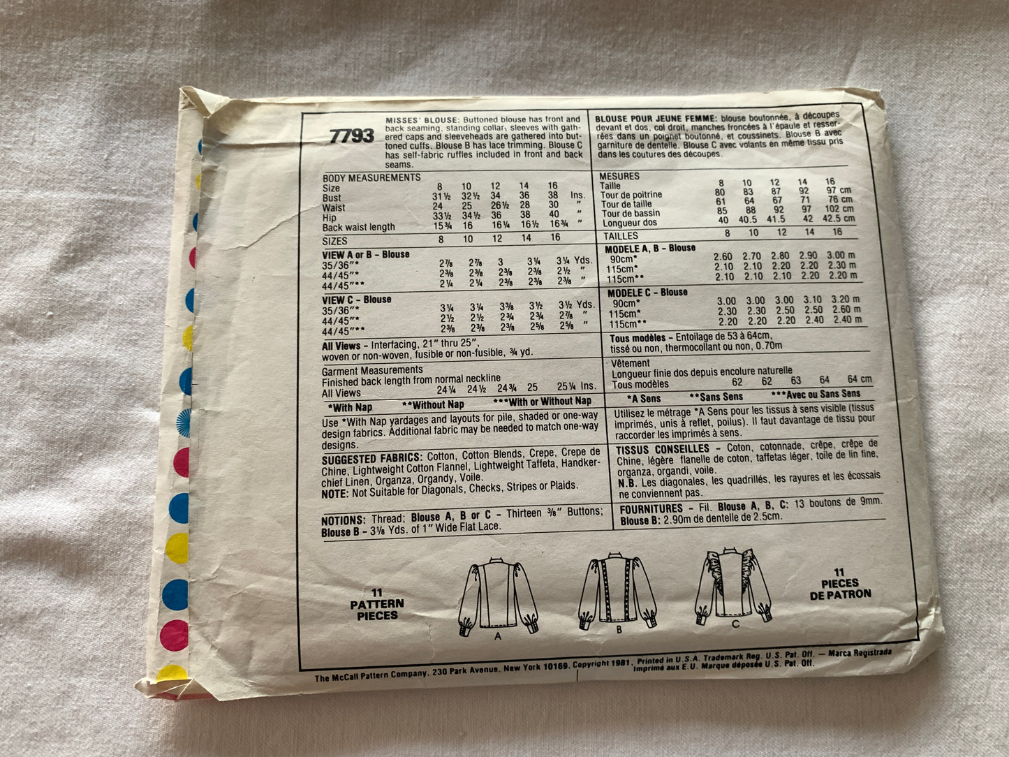 McCall's Sewing Pattern 7793 Misses' Blouse, Long Sleeves, 3 Variations, Button Front,  Size 14, Uncut, Vintage 1981