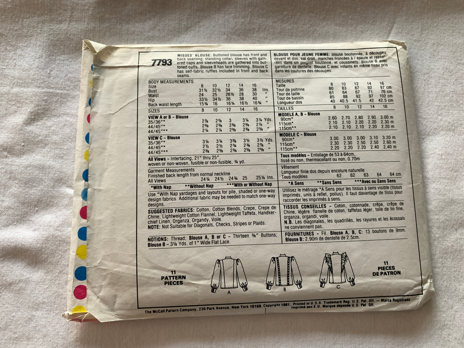 McCall's Sewing Pattern 7793 Misses' Blouse, Long Sleeves, 3 Variations, Button Front,  Size 14, Uncut, Vintage 1981