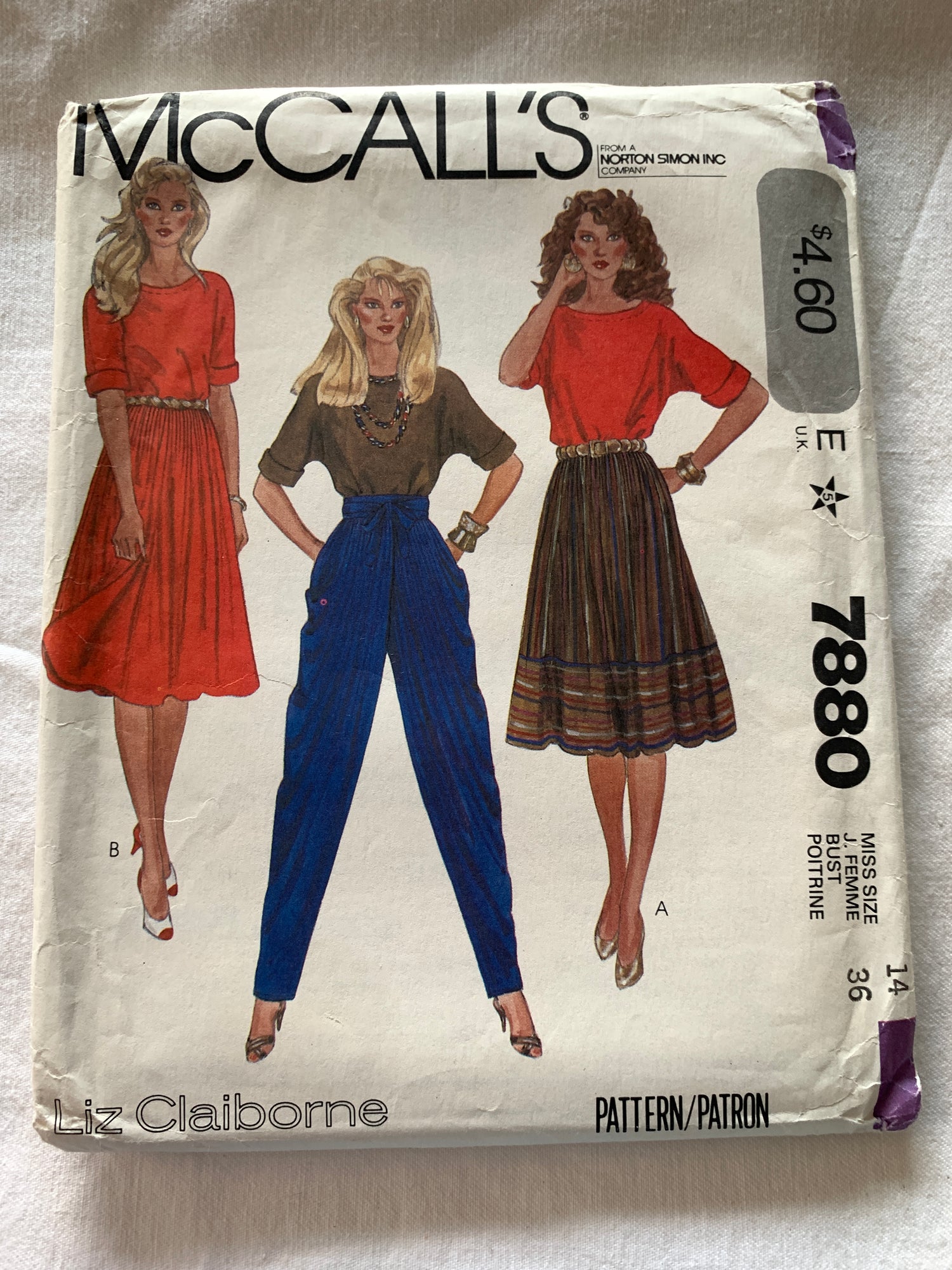 McCall's Sewing Pattern 7880 Misses' Top, Pants, Skirt, Pockets, Two Lengths, Pleats, Size 14, Uncut, Vintage 1982