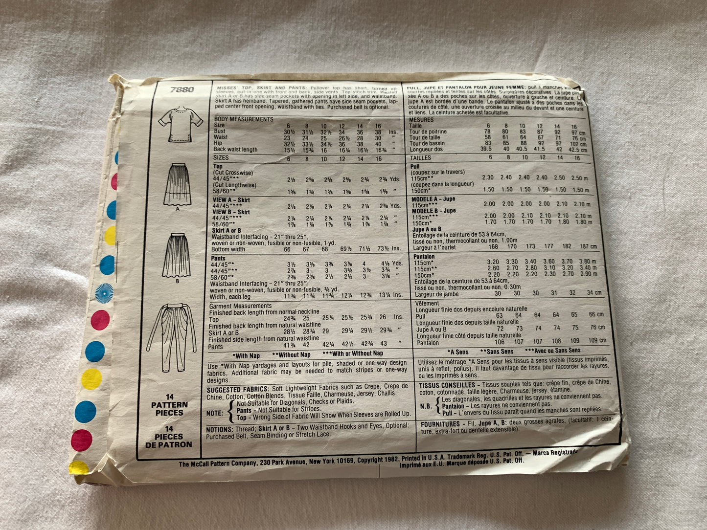 McCall's Sewing Pattern 7880 Misses' Top, Pants, Skirt, Pockets, Two Lengths, Pleats, Size 14, Uncut, Vintage 1982