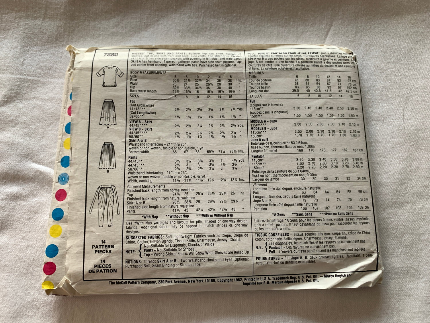 McCall's Sewing Pattern 7880 Misses' Top, Pants, Skirt, Pockets, Two Lengths, Pleats, Size 14, Uncut, Vintage 1982