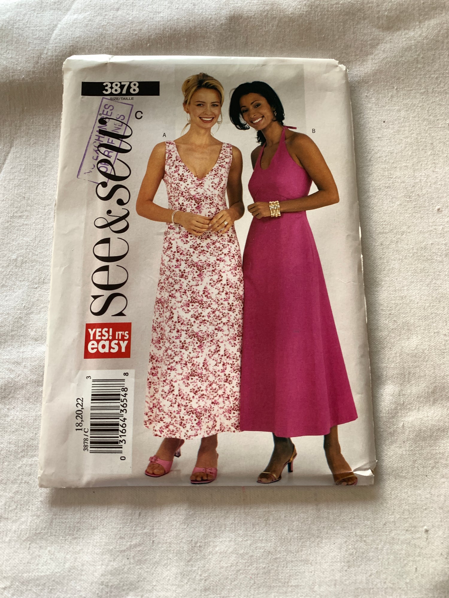 Butterick Sewing Pattern See & Sew 3878 Misses'/Misses' Petite Dress, A-Line, Close-Fitting, Back Zipper, Raised Waist, Sleeveless, Size 18-22, Uncut, 2004 