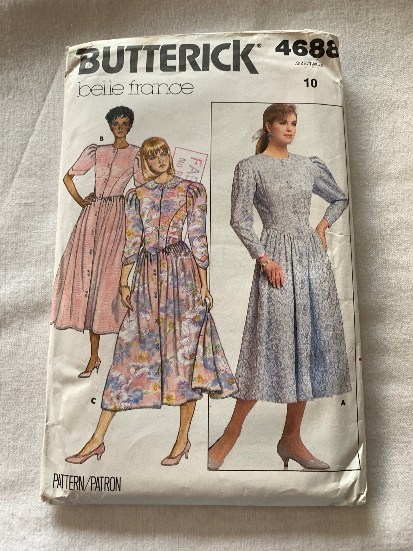 Butterick Sewing Pattern 4688 Misses' Dress, Shoulder Pads, Two Lengths, Elbow Sleeves, Button Front, Size 10, Uncut, Vintage 1987