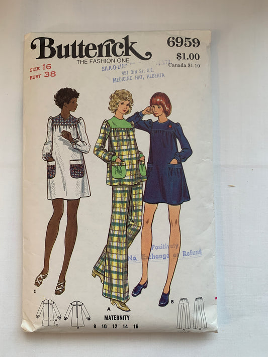 Butterick Sewing Pattern 6959 Maternity Dress, Tunic, Pants, Loose-Fitting, Pockets, Long Sleeves, Pull-on, Size 16, Cut, Vintage 1990