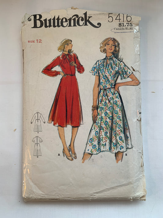 Butterick Sewing Pattern 5416 Misses' Dress, Zipper Back, Long/Short Sleeves, Size 12, Cut, Vintage 1970