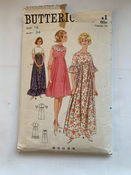 Butterick Sewing Pattern 4041 Misses' Robe, Two Lengths, Sleeveless, Short Sleeves, Ruffles, Size 14, Cut, Vintage 1970