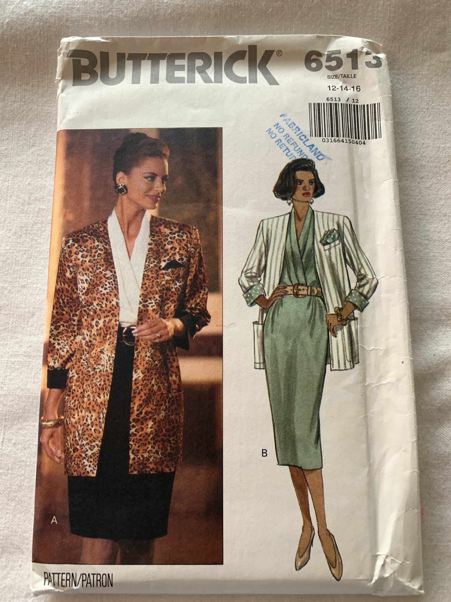 Butterick Sewing Pattern 6513 Misses'/Misses' Petite Jacket, Dress, Loose-Fitting, Zipper Back, Pockets, Size 12-16, Uncut, Vintage 1992