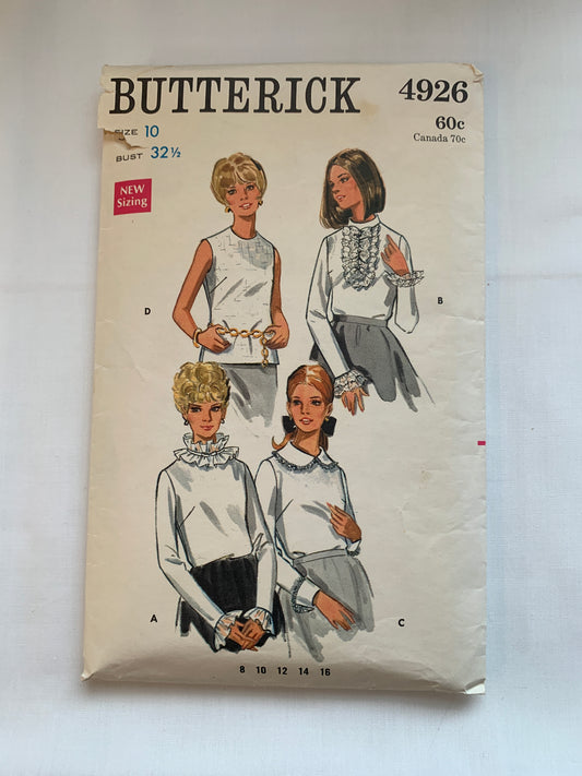 Butterick Sewing Pattern 4926 Misses' Blouse, 4 Variations, Long Sleeves, Sleeveless, Loose-Fitting, Zipper, Size 10, Cut, Vintage 1973