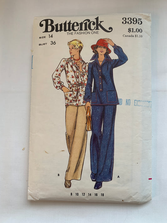 Butterick Sewing Pattern 3395 Misses' Tops, Pants, Loose-Fitting, Long Sleeves, Pockets, Zipper, Size 14, Cut, Vintage 1970