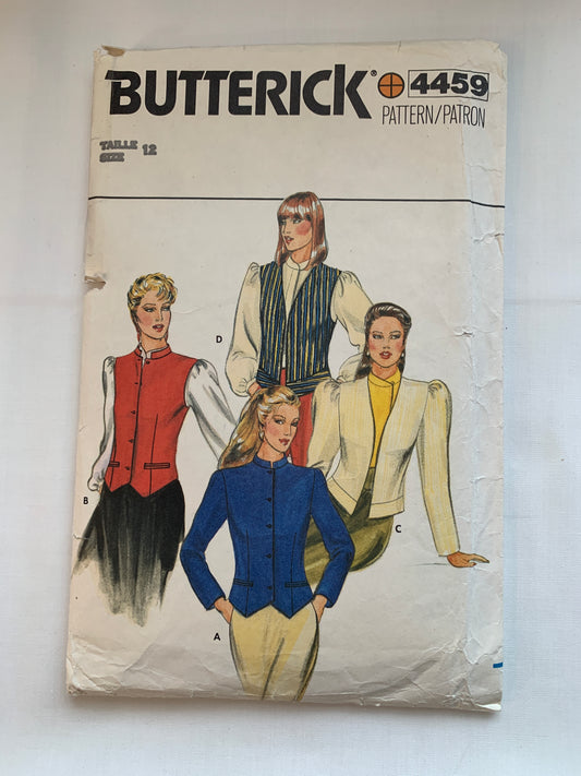 Butterick Sewing Pattern 4459 Misses' Jacket, Vest, Collar, Long Sleeves, Loose-Fitting, Size 12, Cut, Vintage 1980