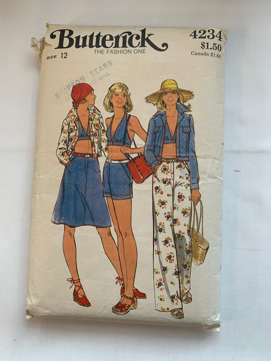 Butterick Sewing Pattern 4234 Misses' Shirt, Shorts, Skirt, Pants, Halter Top, Semi Fitted, Collar, Long Sleeves, A-Line, Pockets, Zipper Front, Size 12, Cut, Vintage 1979