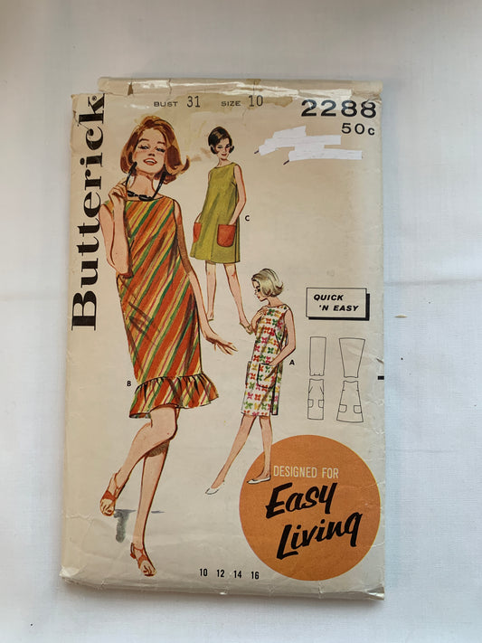 Butterick Sewing Pattern 2288 Misses' Beach Play Dress, Play, 3 Variations, Pockets, Ruffles, Size 10, Cut, Vintage 1968