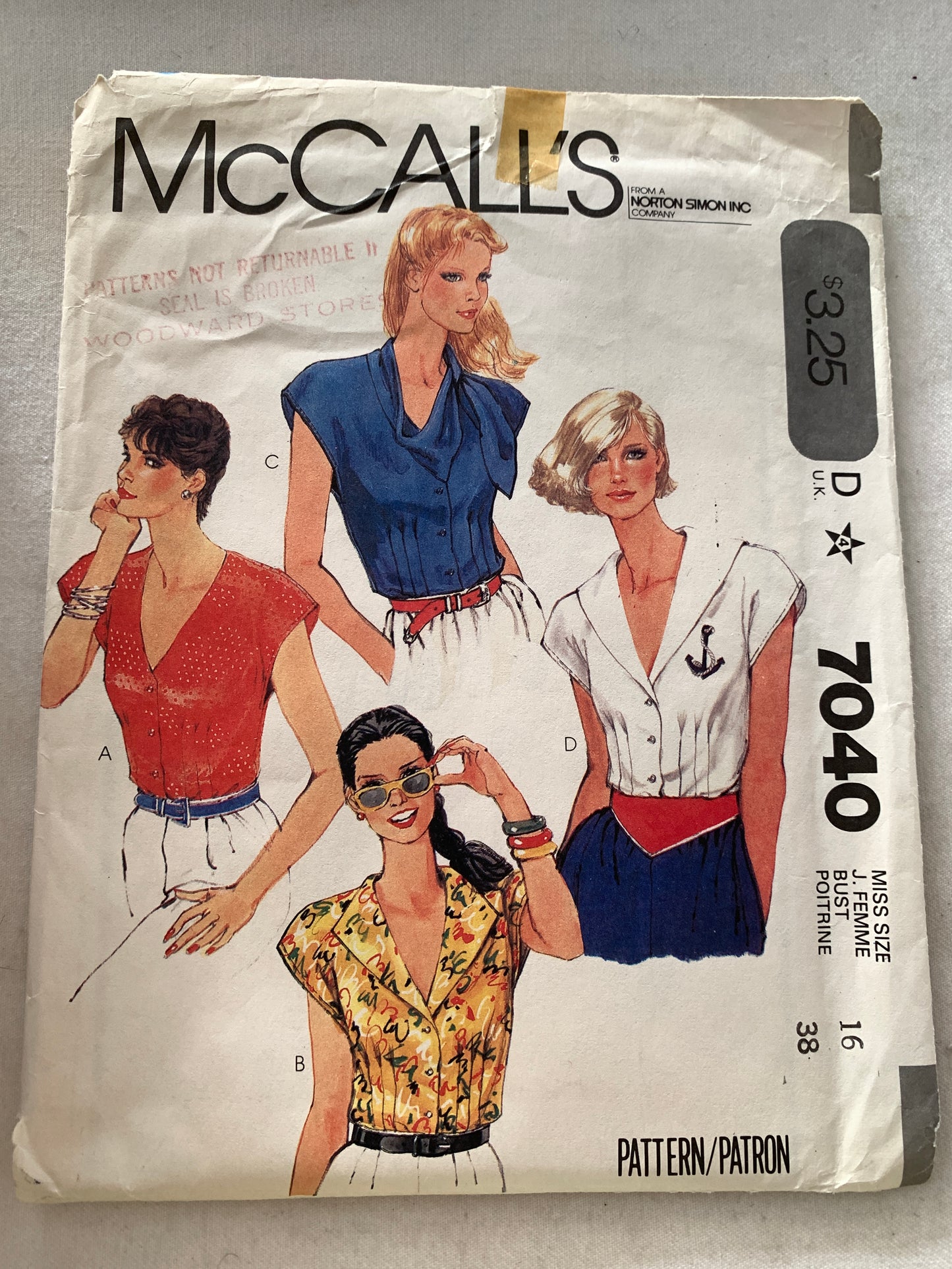McCall's Sewing Pattern 7040 Misses' Blouse, Button Front, 4 Variations, Shoulder Pads, Size 16, Uncut, Vintage 1980
