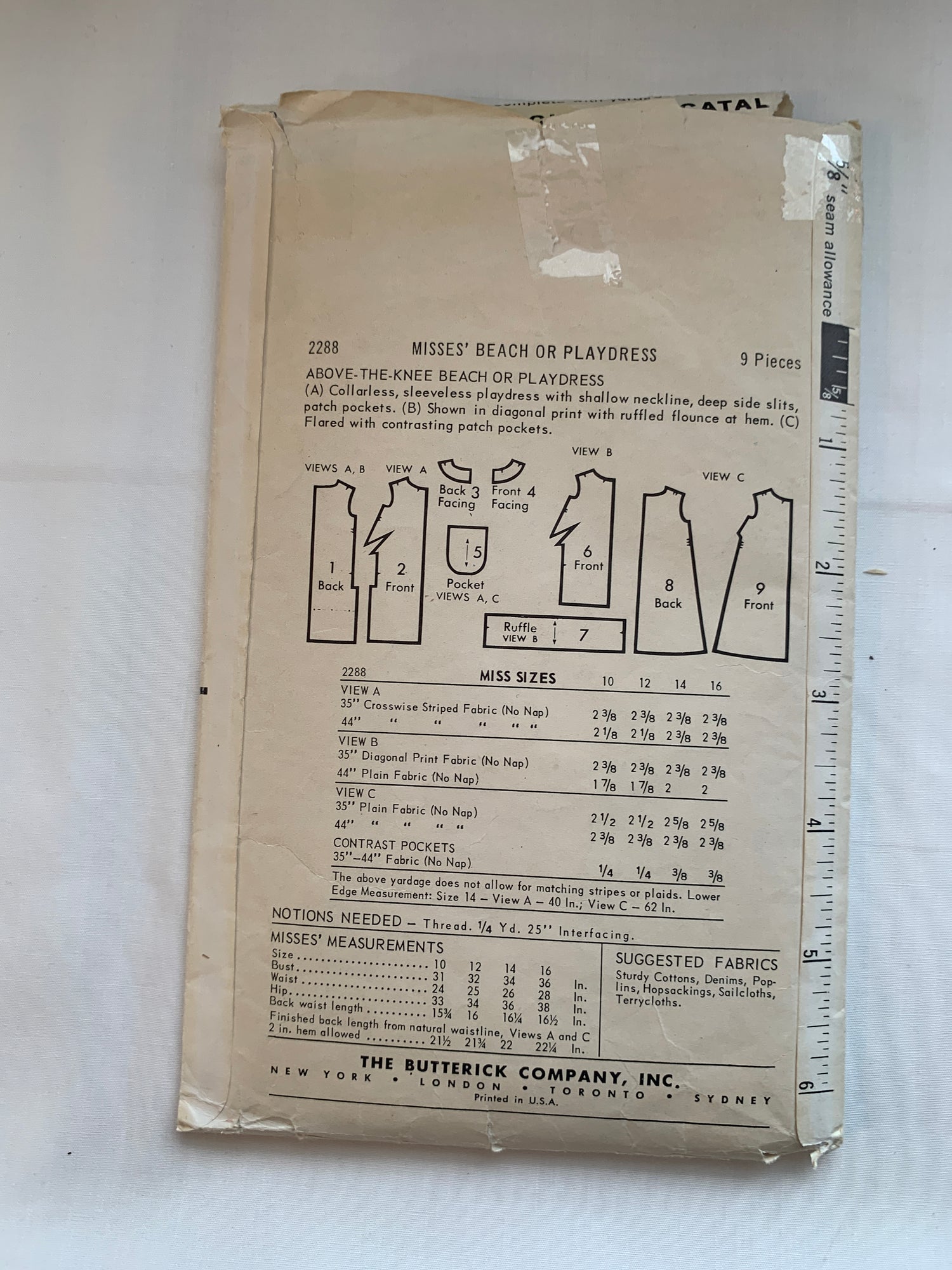 Butterick Sewing Pattern 2288 Misses' Beach Play Dress, Play, 3 Variations, Pockets, Ruffles, Size 10, Cut, Vintage 1968