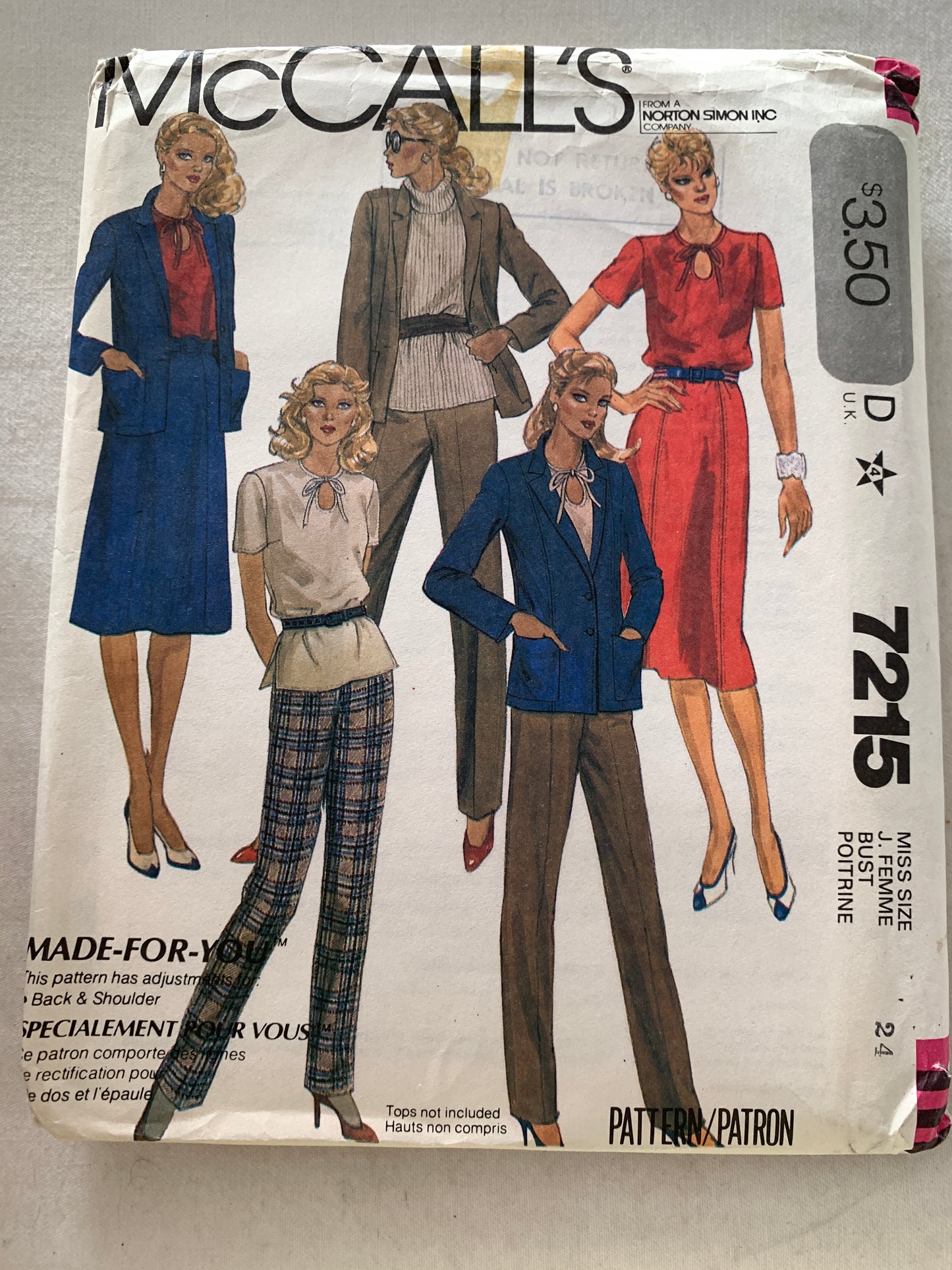 McCall's Sewing Pattern 7215 Misses' Lined Jacket, Pullover Top, Pants, Zipper Back Skirt, Size 24, Uncut, Vintage 1980