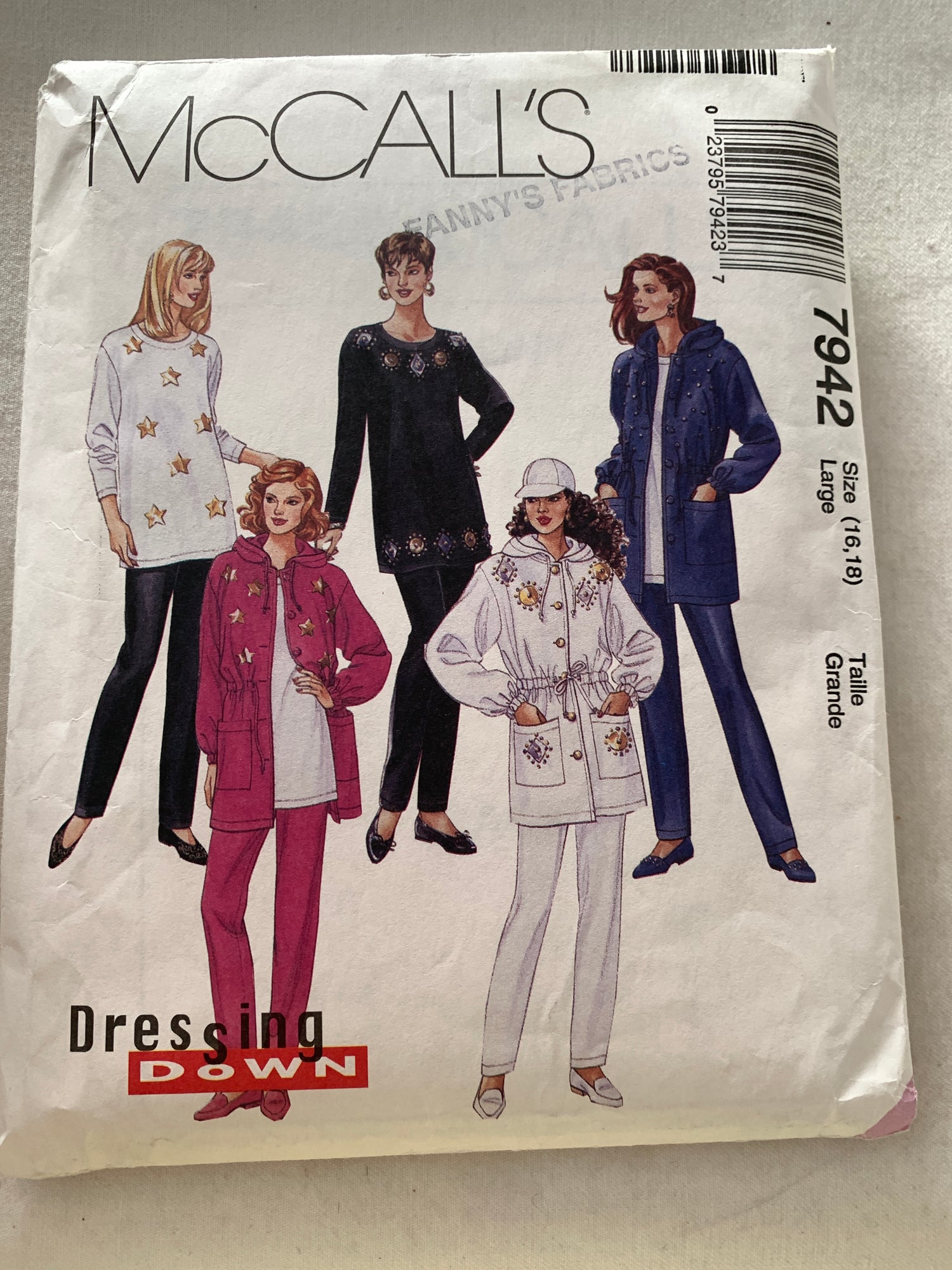 McCall's Sewing Pattern 7942 Misses' Unlined Jacket, Hood, Tunic, Pull-On Pants, Elastic Waist, Button Front, Size 16-18, Uncut, Vintage 1995